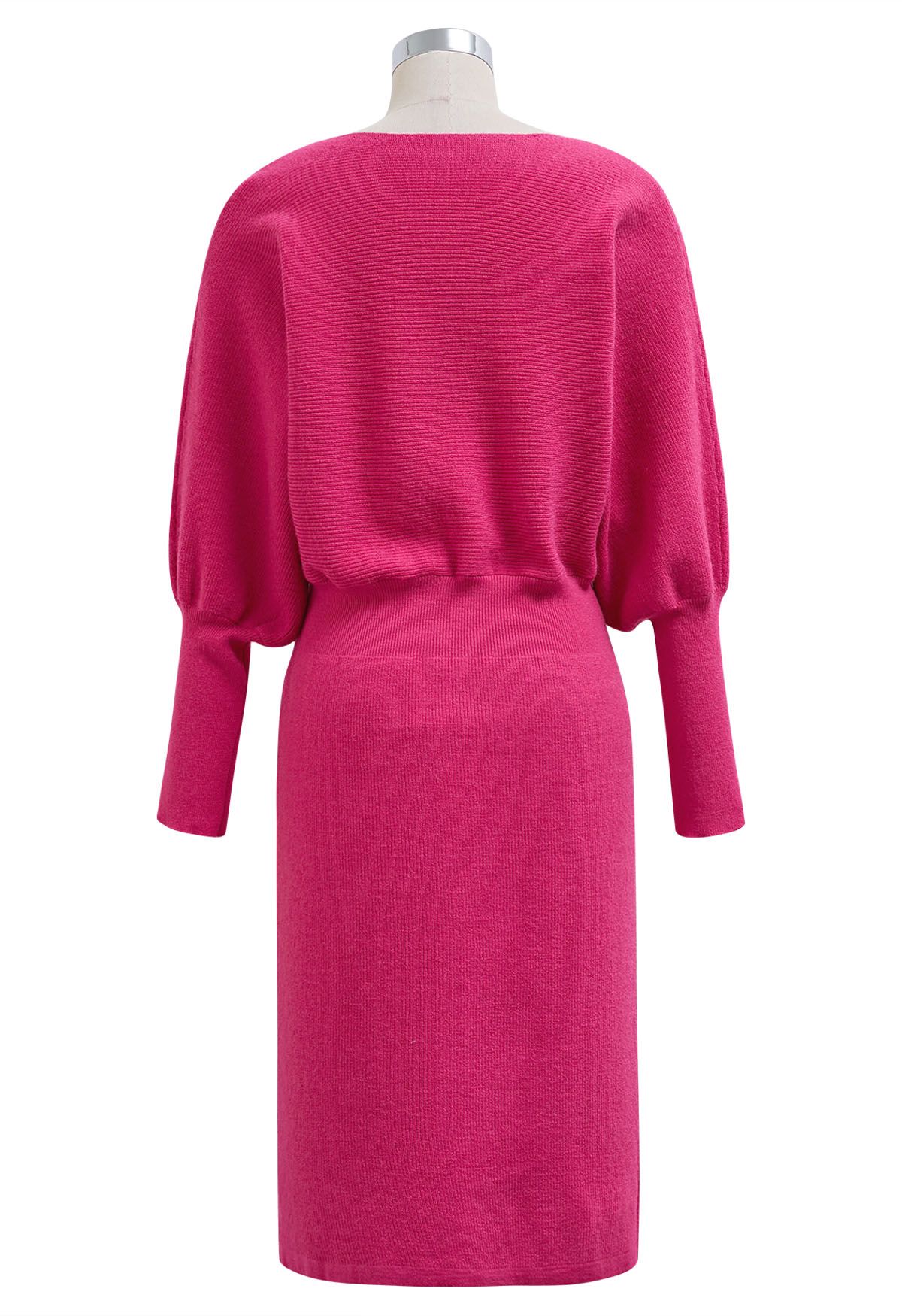 Batwing Sleeves Cinched Waist Knit Dress in Hot Pink