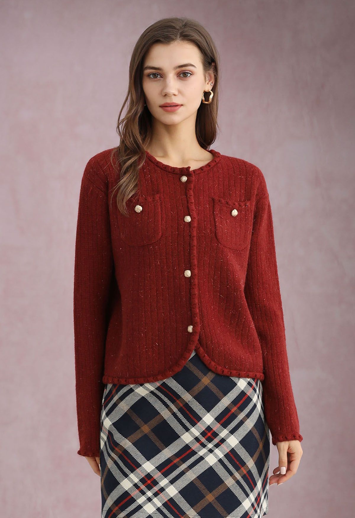 Gleaming Fringe Trim Buttoned Knit Cardigan in Red