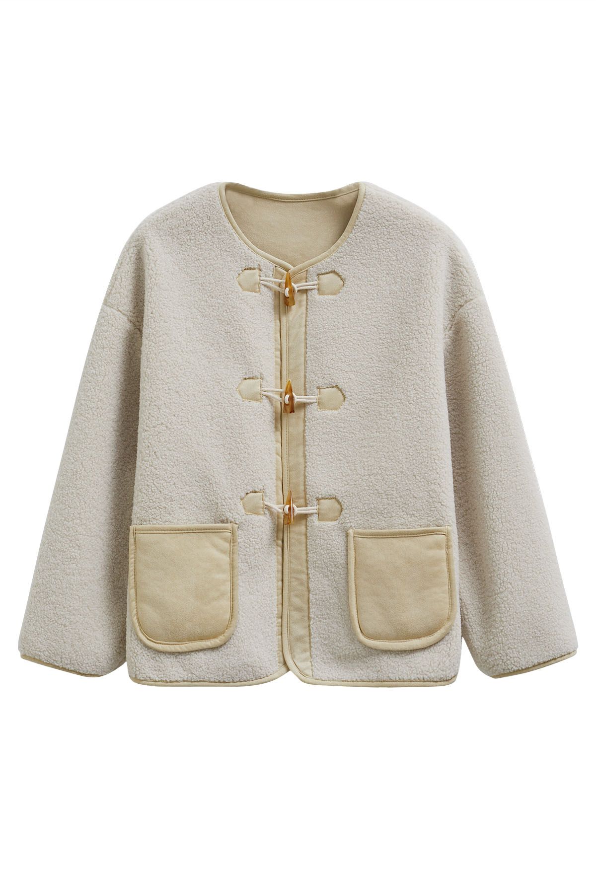 Horn Buckle Fastening Sherpa Coat in Ivory