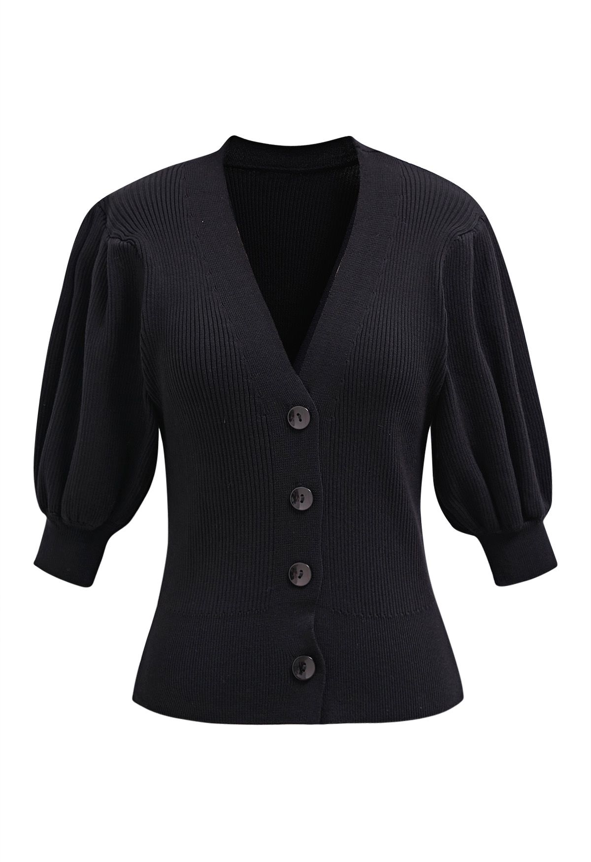 Bubble Sleeve V-Neck Buttoned Knit Top in Black