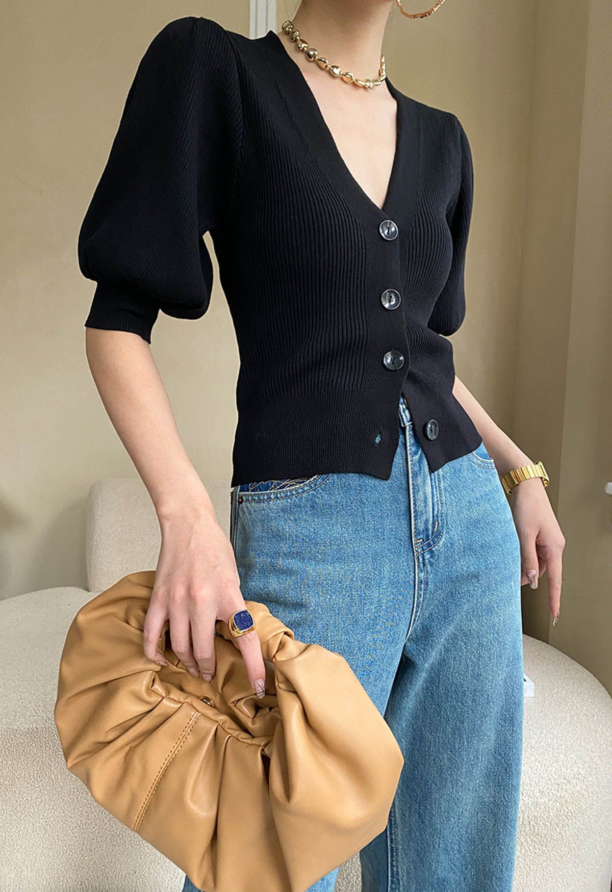 Bubble Sleeve V-Neck Buttoned Knit Top in Black