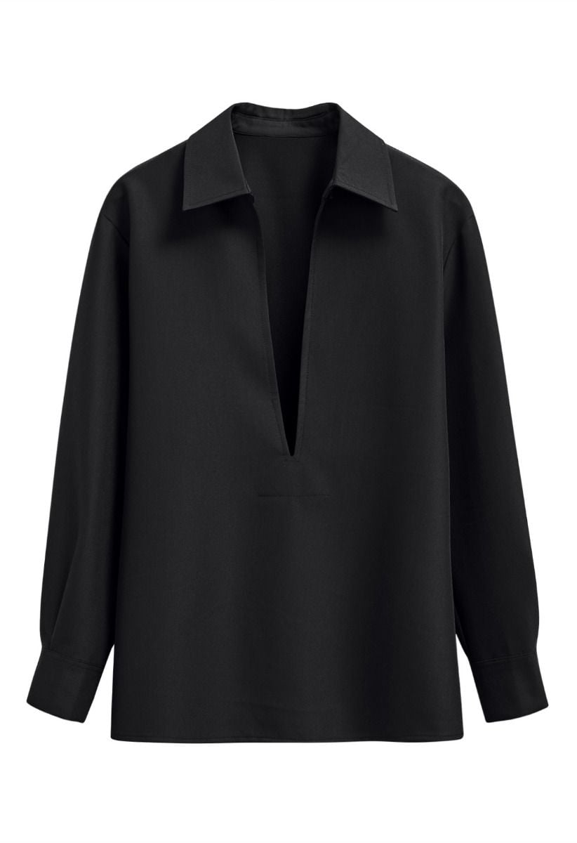 Deep V-Neck Collared Shirt in Black