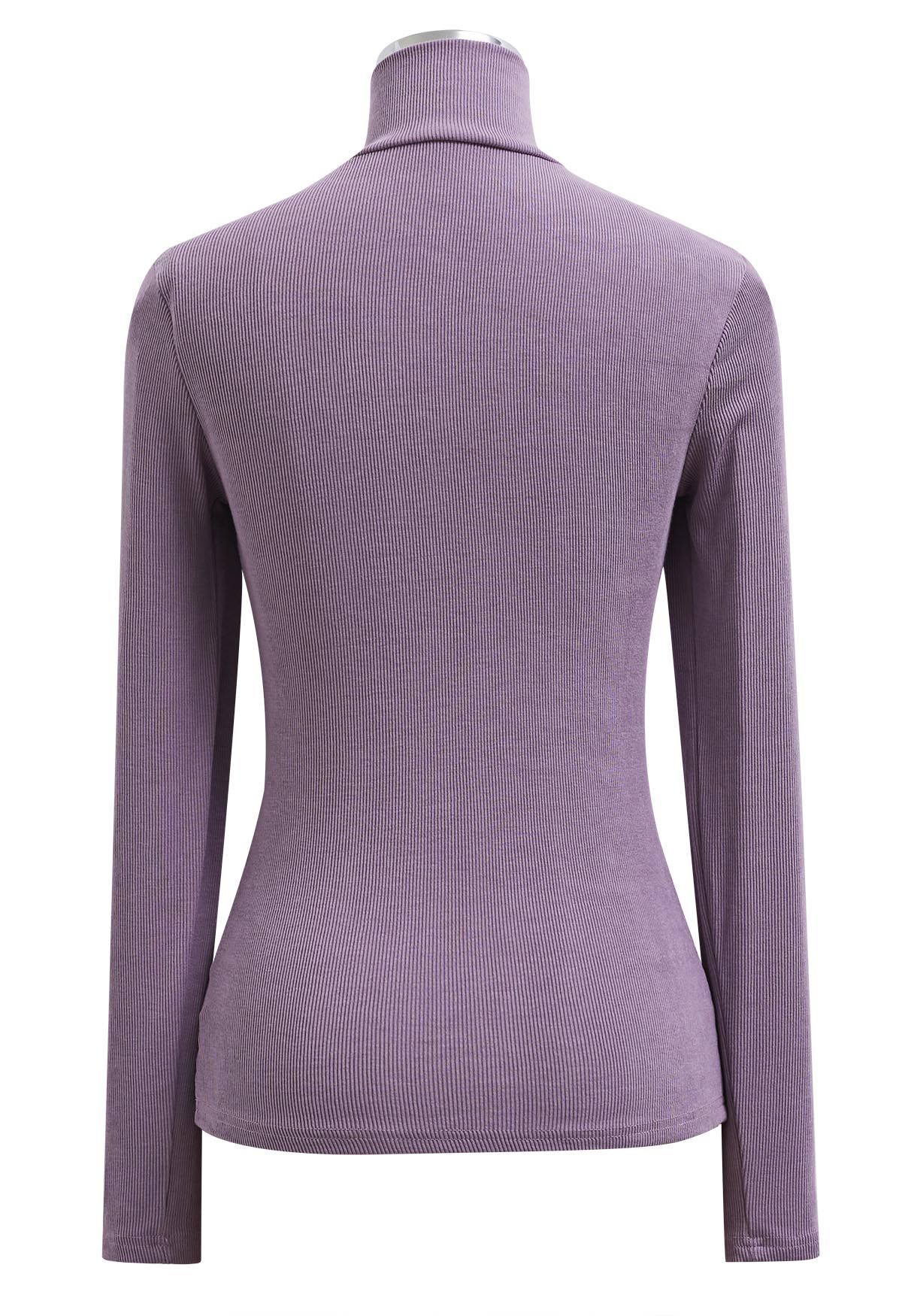 Faux-Wrap Mock Neck Long-Sleeve Top in Lavender