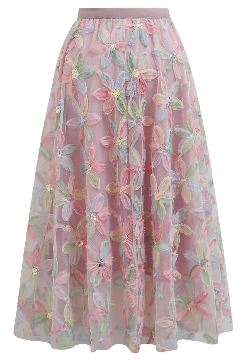 Petal Symphony Double-Layered Mesh Midi Skirt in Pink