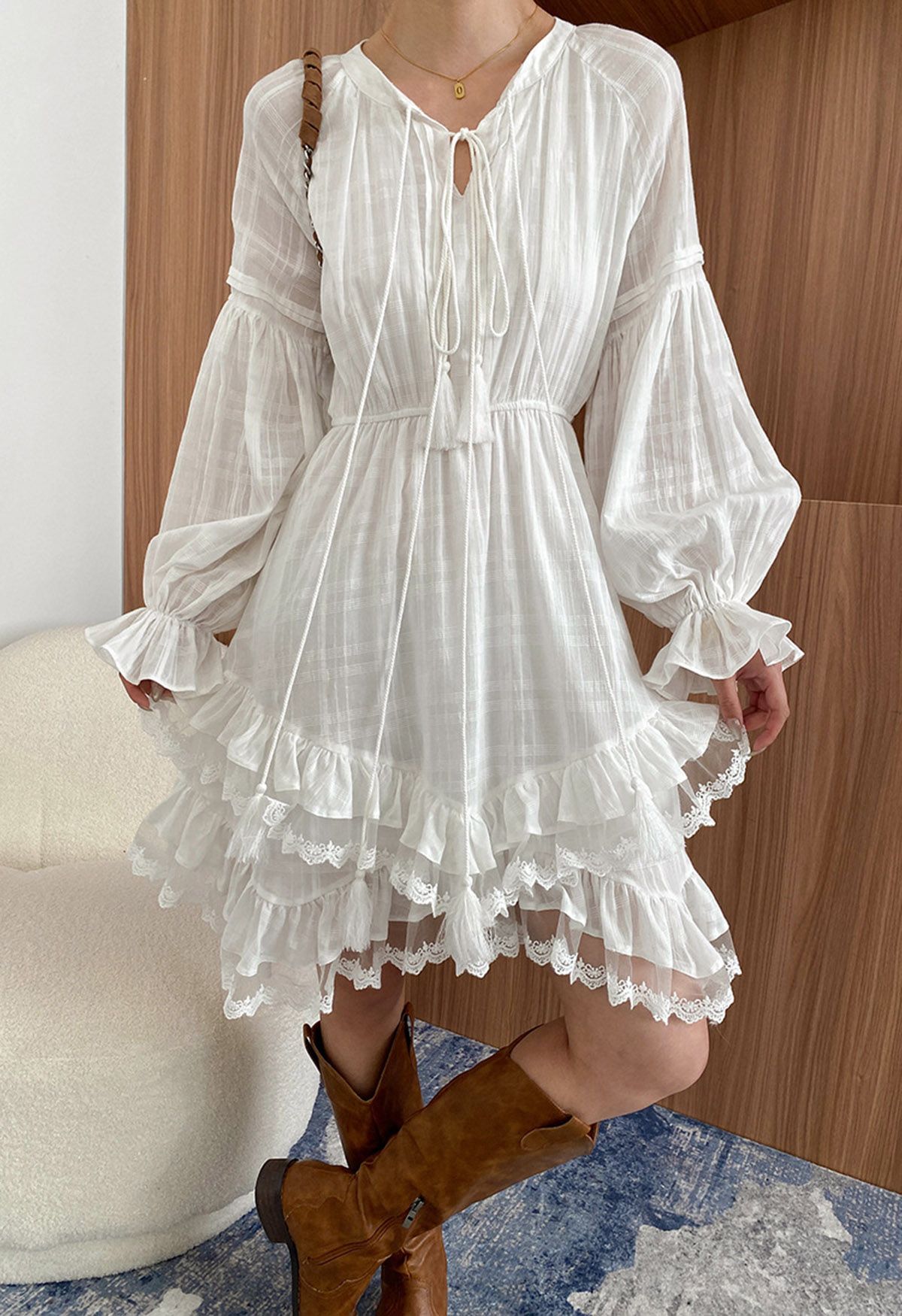 Tiered Ruffle Lace Trim Lantern Sleeves Asymmetric Midi Dress