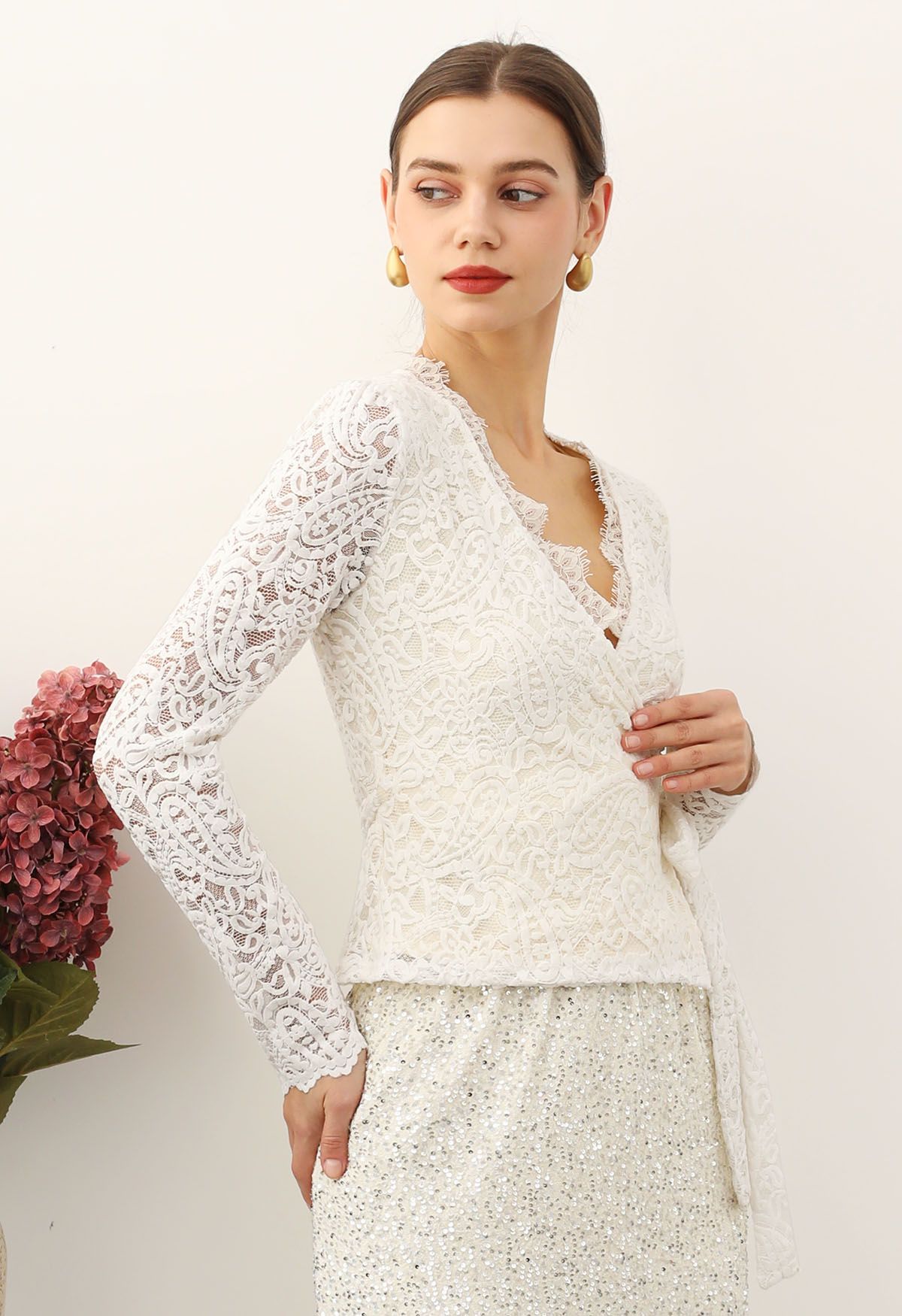 Paisley Full Lace Tie Waist Wrap Top in Cream