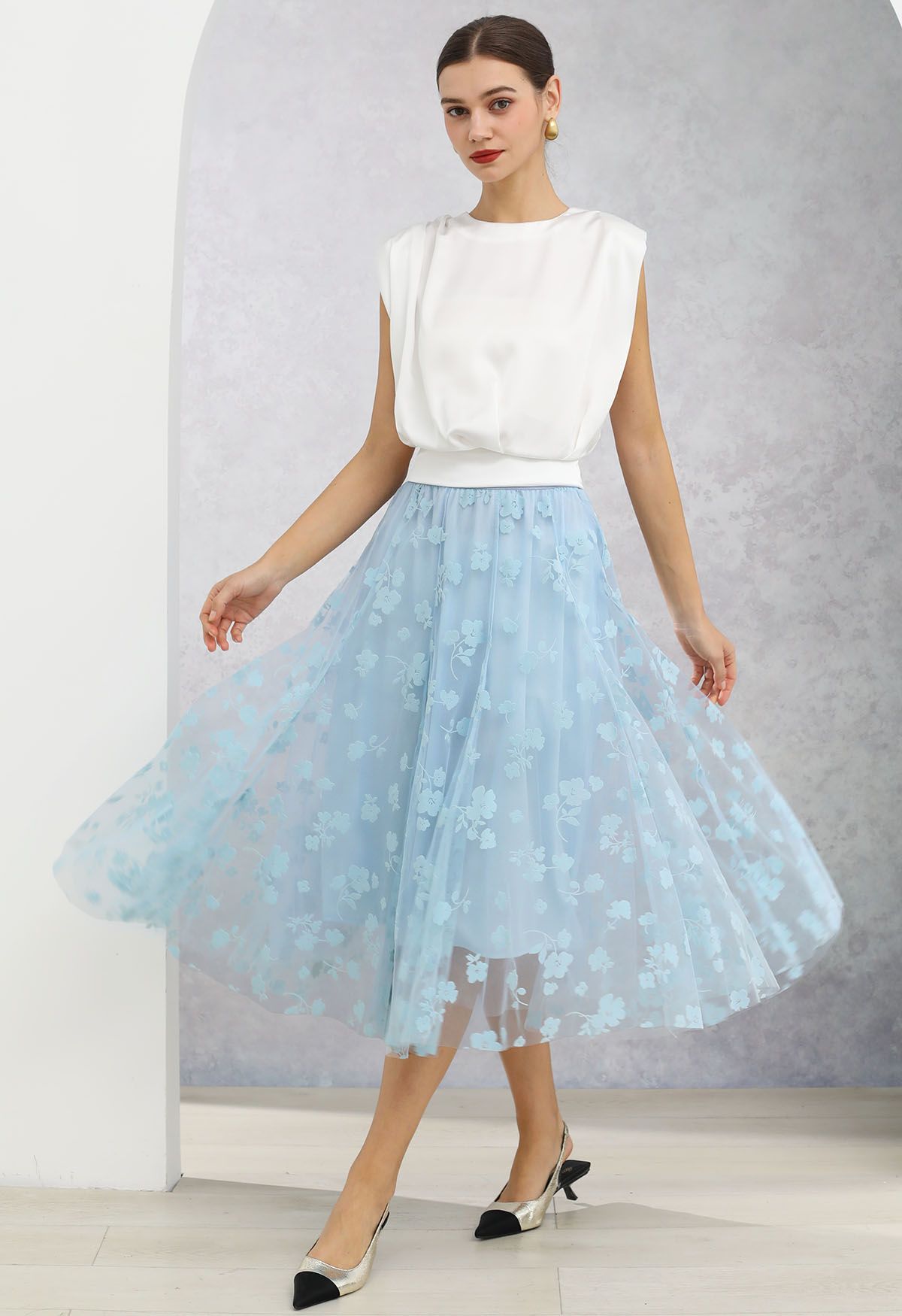 3D Posy Double-Layered Mesh Midi Skirt in Baby Blue