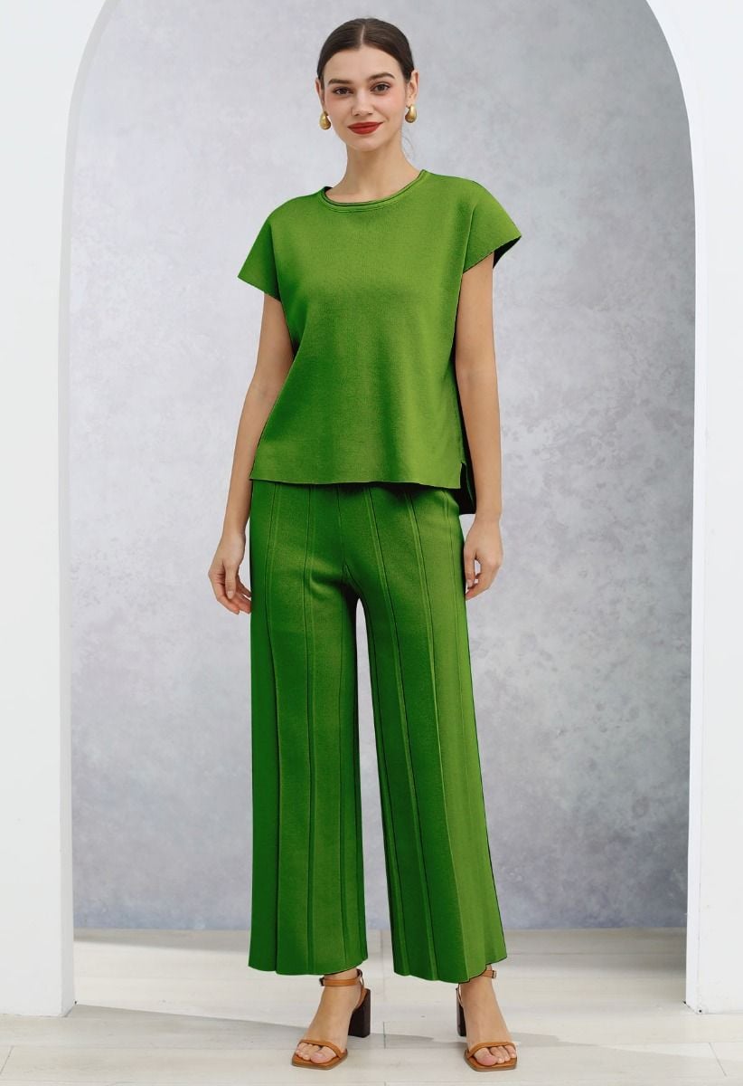 Daily Comfort Sleeveless Top and Straight-Leg Pants Set in Green