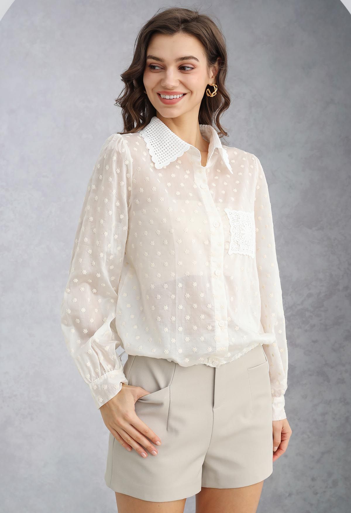 Lace Cutwork Pocket Embroidered Drawstring Shirt in Ivory