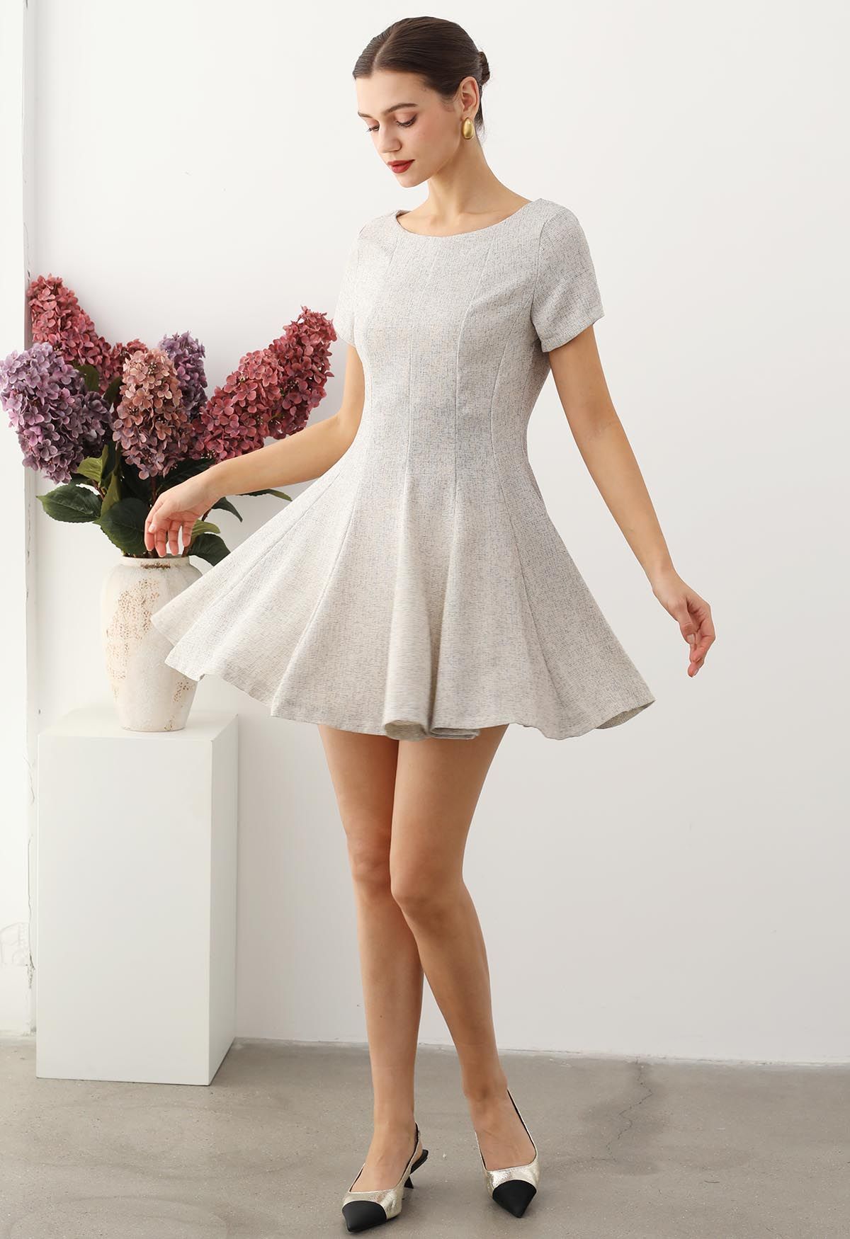 Fit-and-Flare Seamed Tweed Mini Dress in Ivory