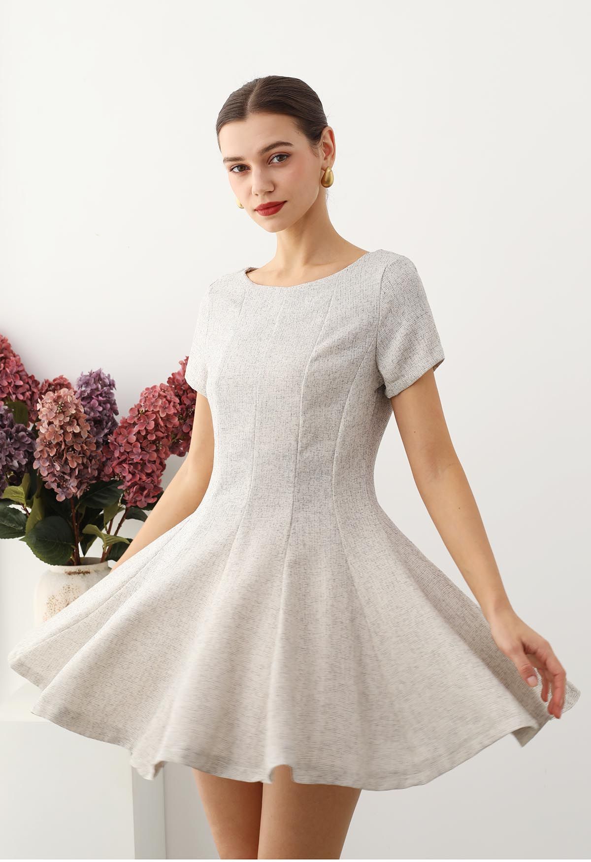 Fit-and-Flare Seamed Tweed Mini Dress in Ivory