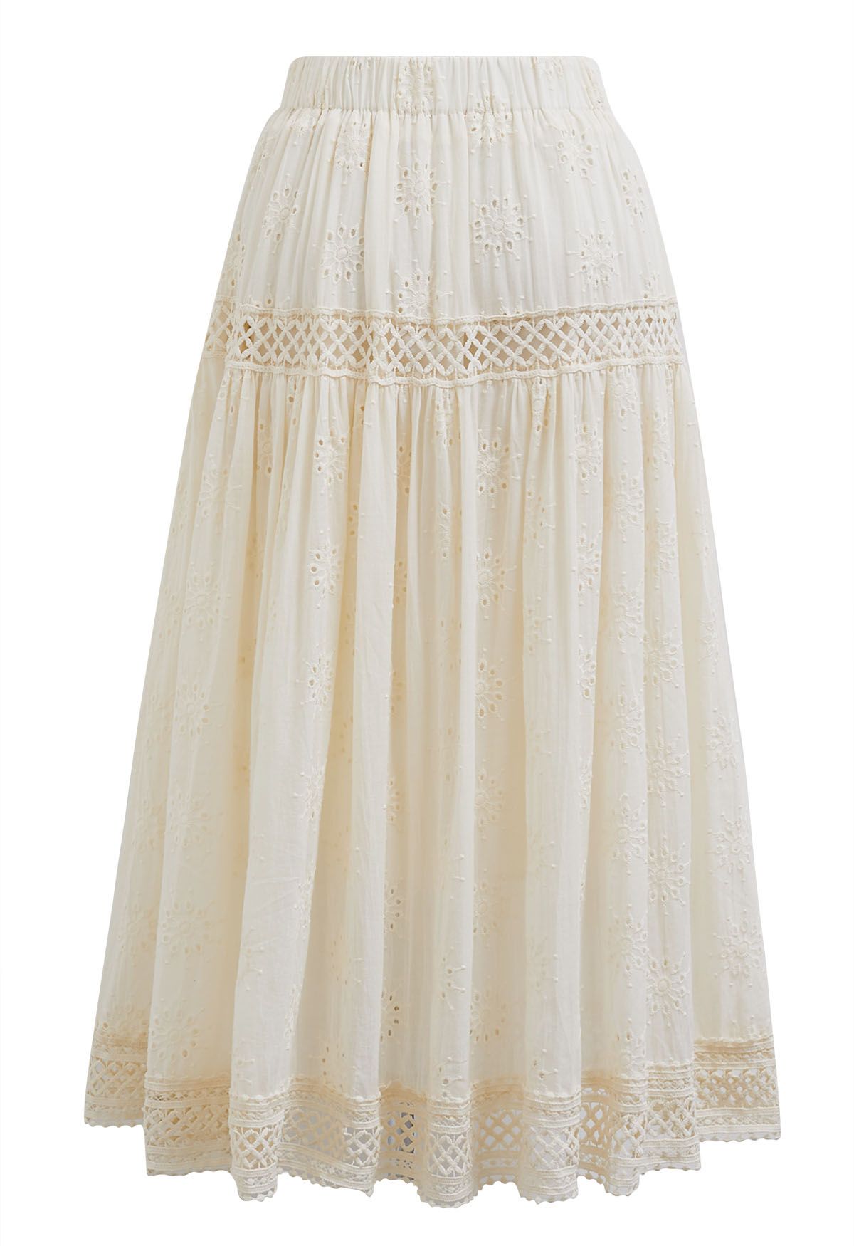 Floral Embroidered Eyelet Cotton Maxi Skirt in Cream