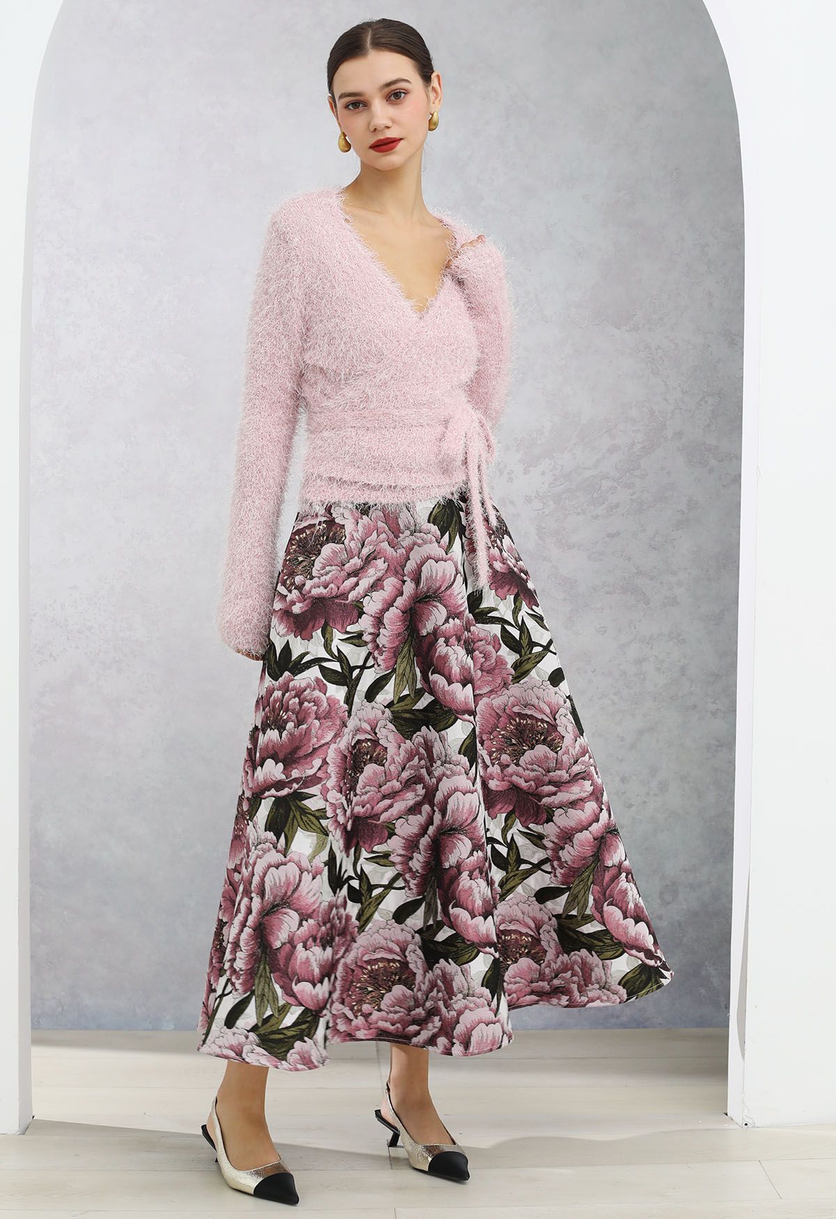 Graceful Pink Peony Jacquard A-Line Maxi Skirt