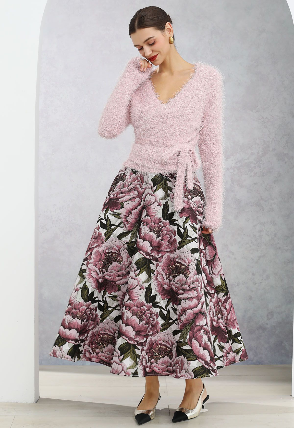 Graceful Pink Peony Jacquard A-Line Maxi Skirt