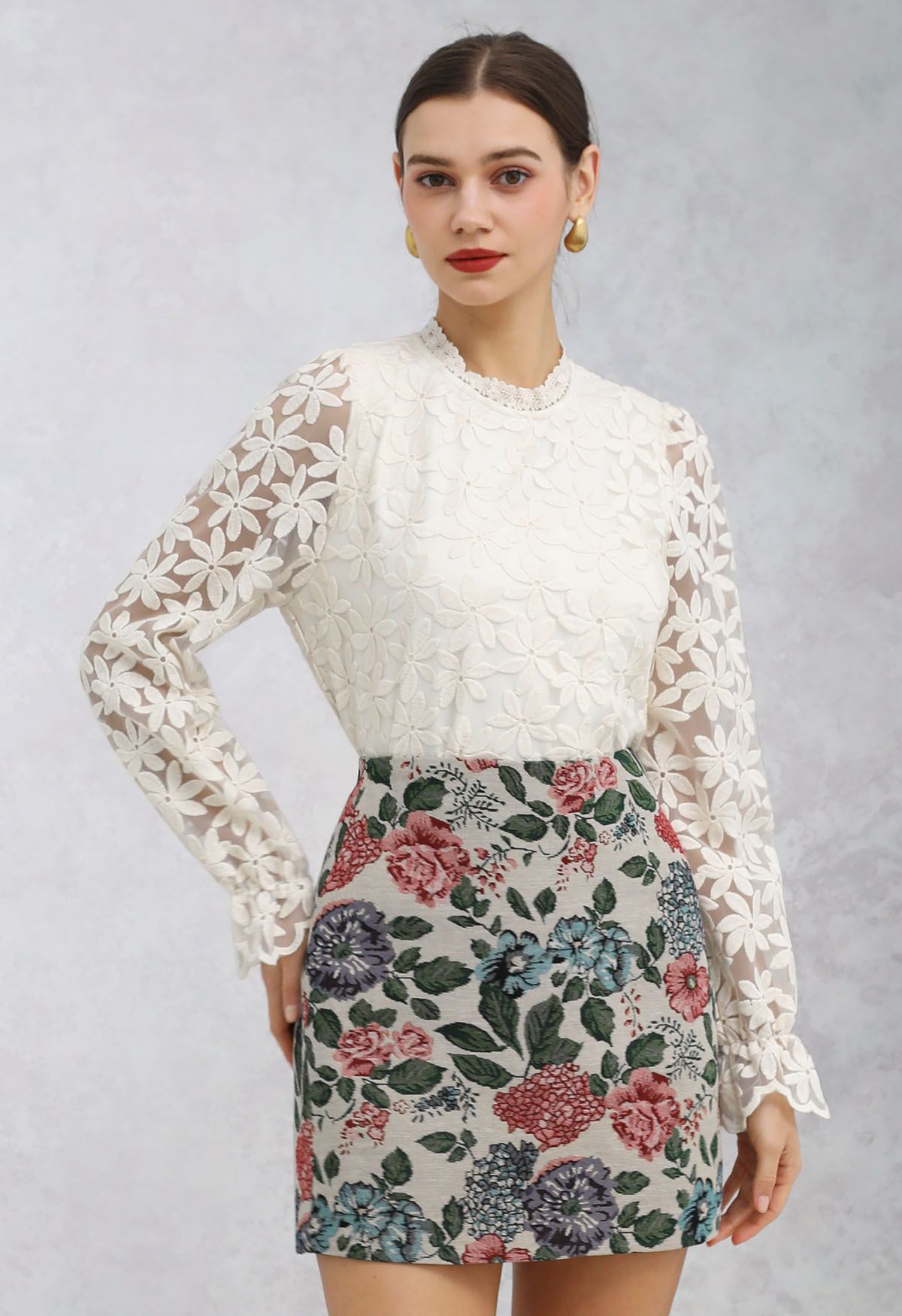 Lace Daisy Embroidered Sheer Sleeve Top