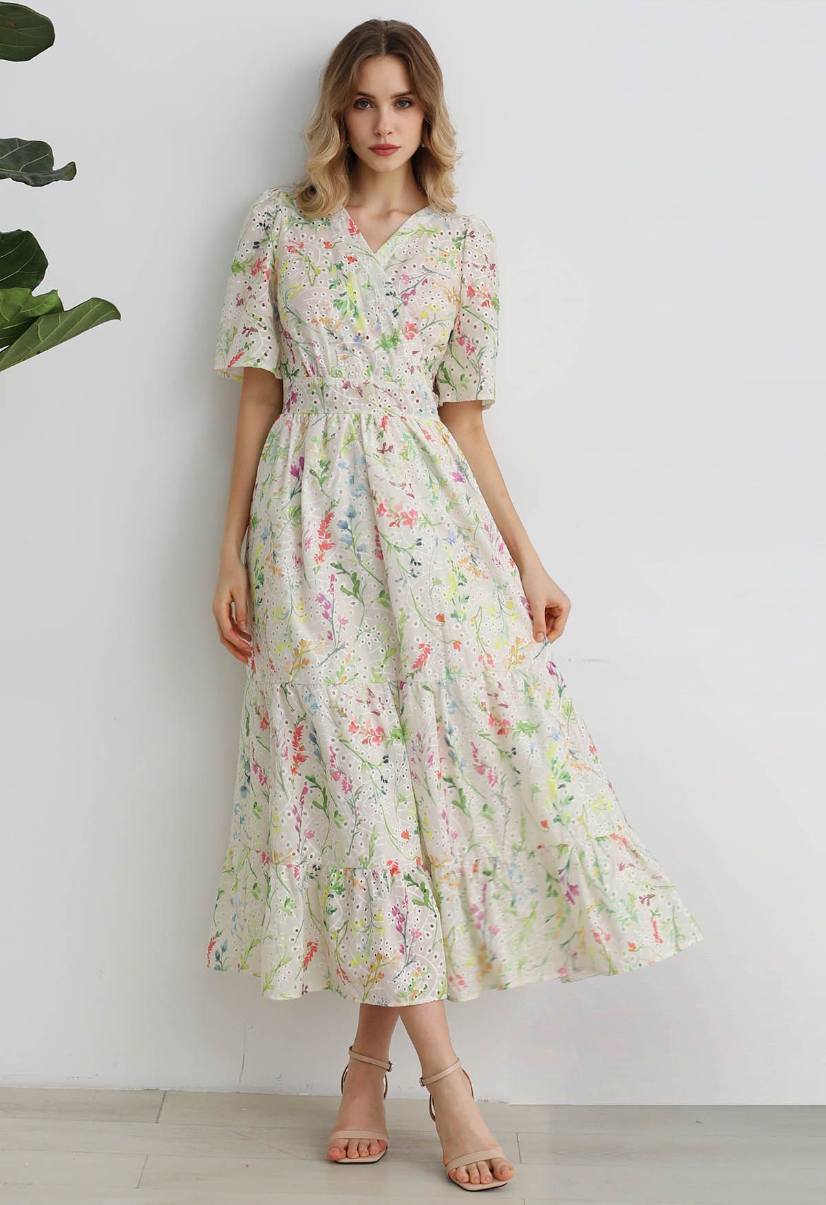 Watercolor Wild Flowers Printed Eyelet Embroidered Faux-Wrap Dress