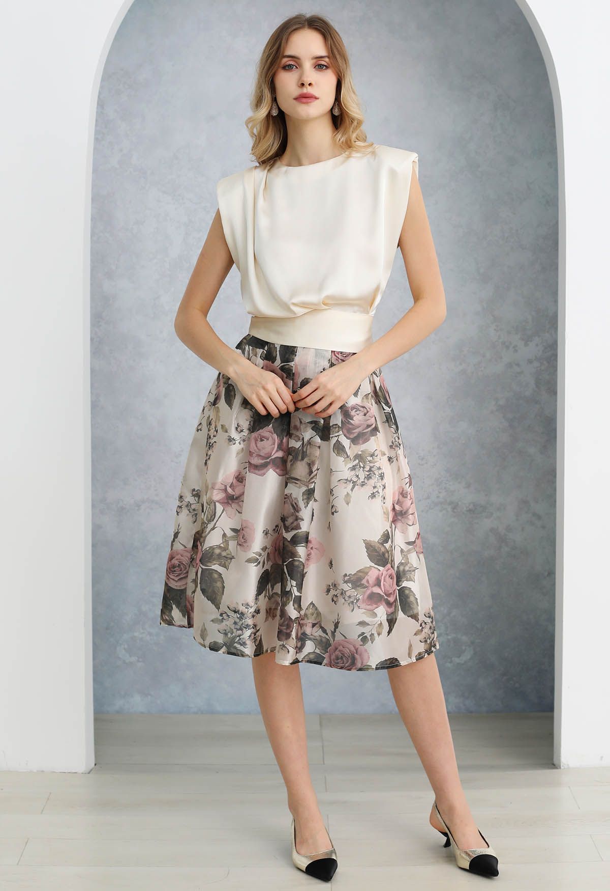 Serene Pink Rose Metallic Organza A-Line Midi Skirt