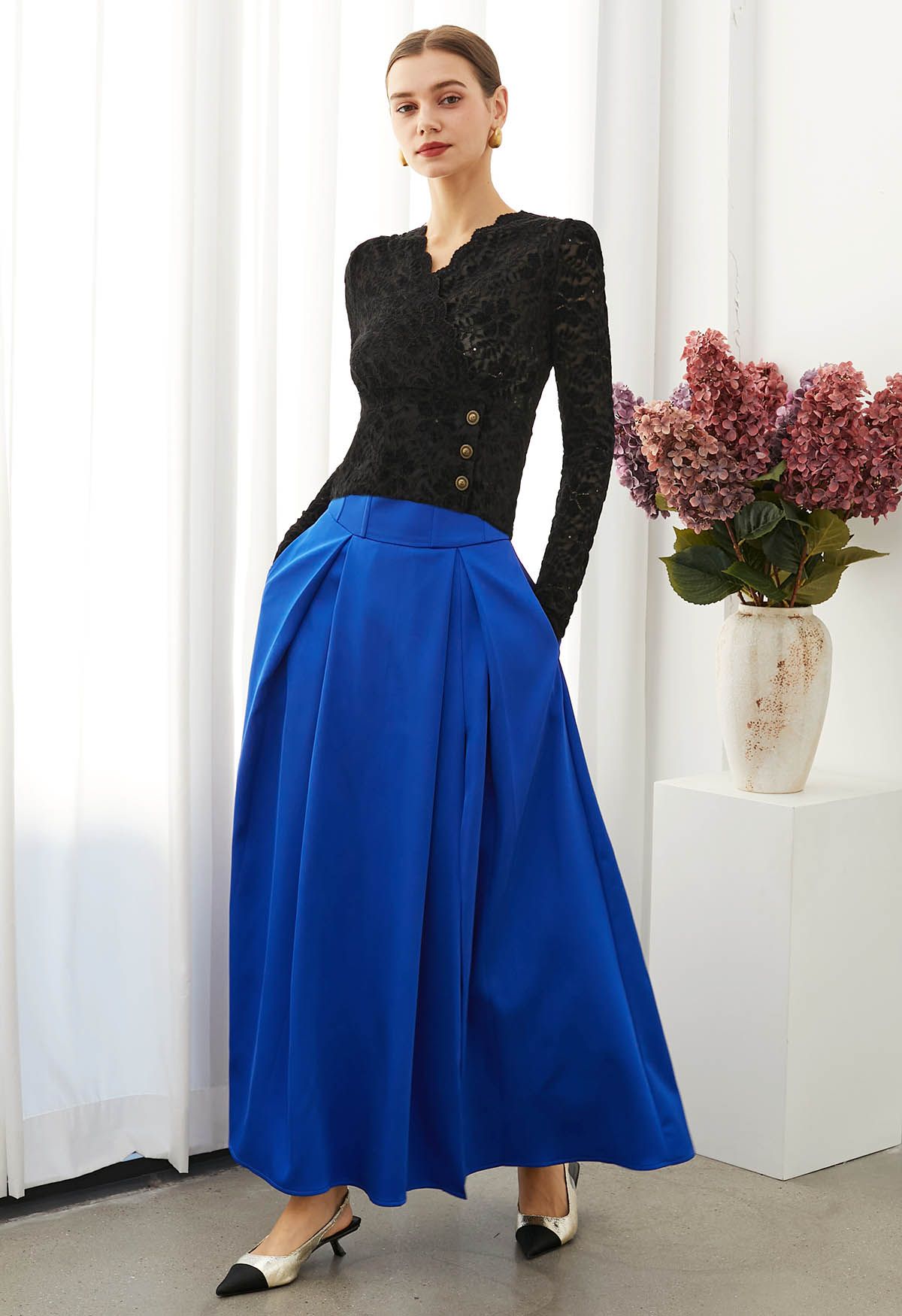 High-Slit Seamed Waist Pleated Satin Maxi Skirt in Indigo