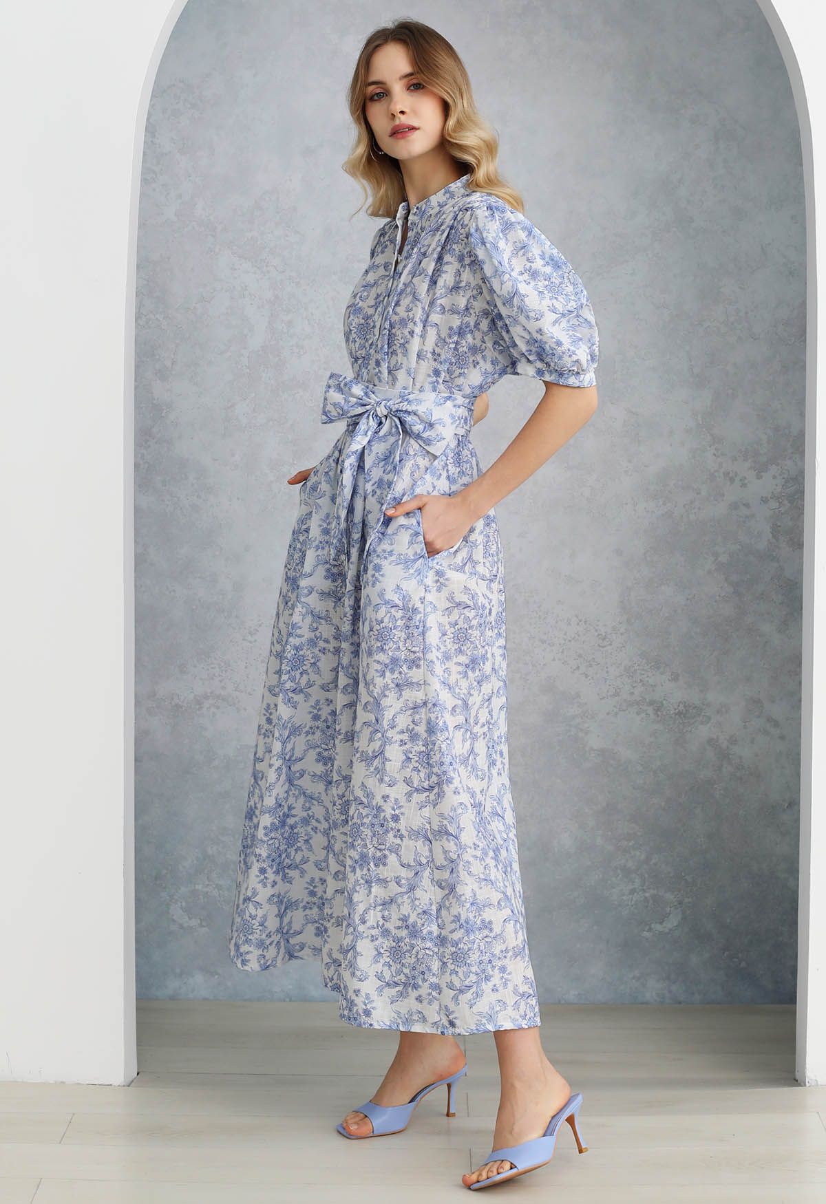 Floral Vine Printed Bubble Sleeve Buttoned Cotton Dress in Light Blue