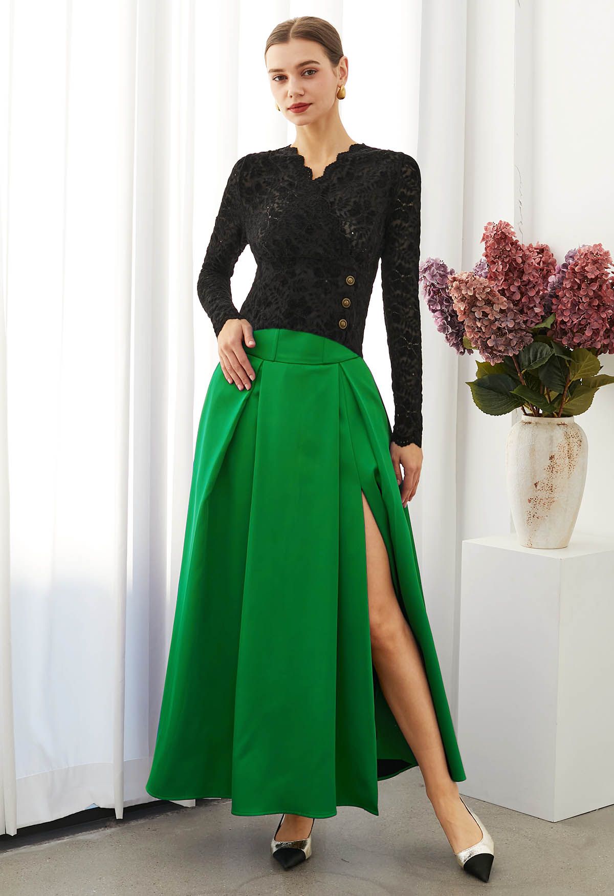 High-Slit Seamed Waist Pleated Satin Maxi Skirt in Green