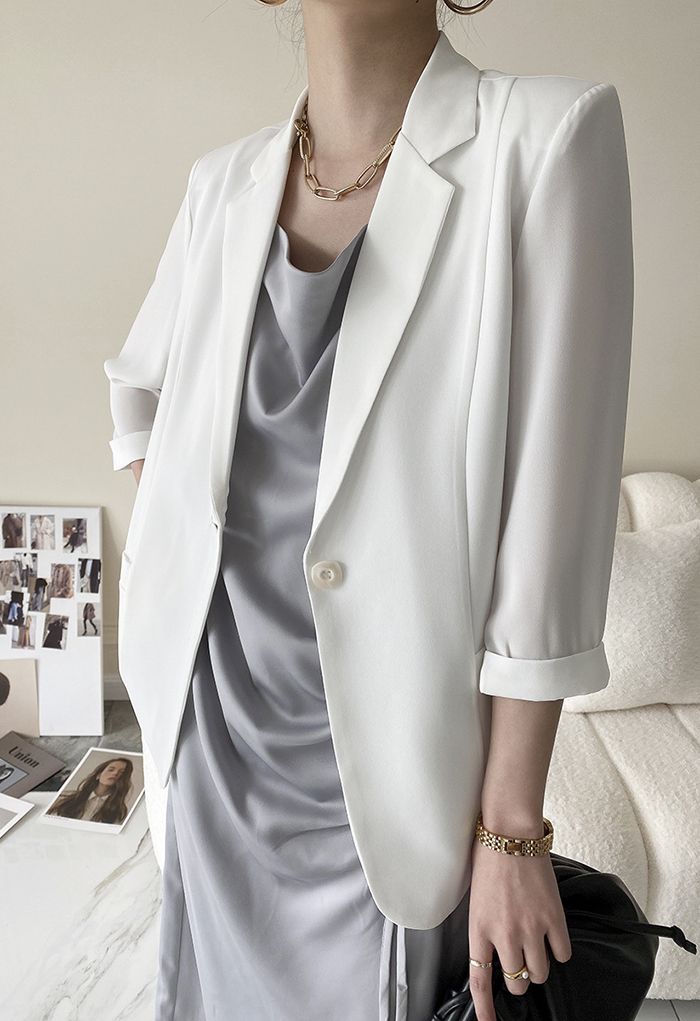 One Button Three-Quarter Sleeve Blazer in White