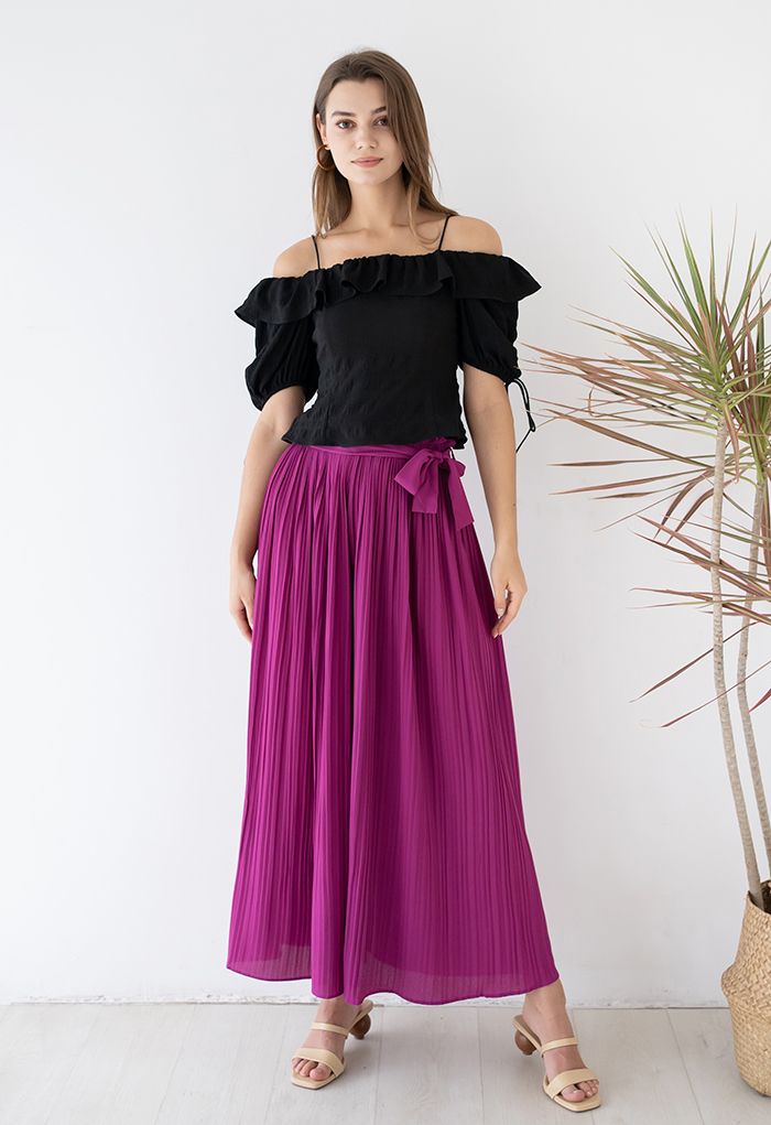 Ruffled Cold-Shoulder Embossed Crop Top in Black