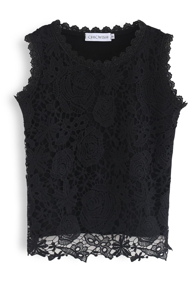 Lace Crochet Front Tank Top in Black