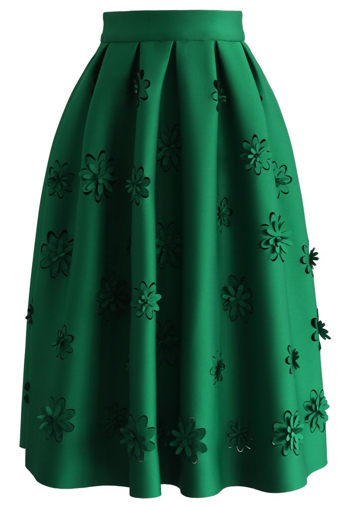 Falling Flowers Airy Pleated Midi Skirt in Green