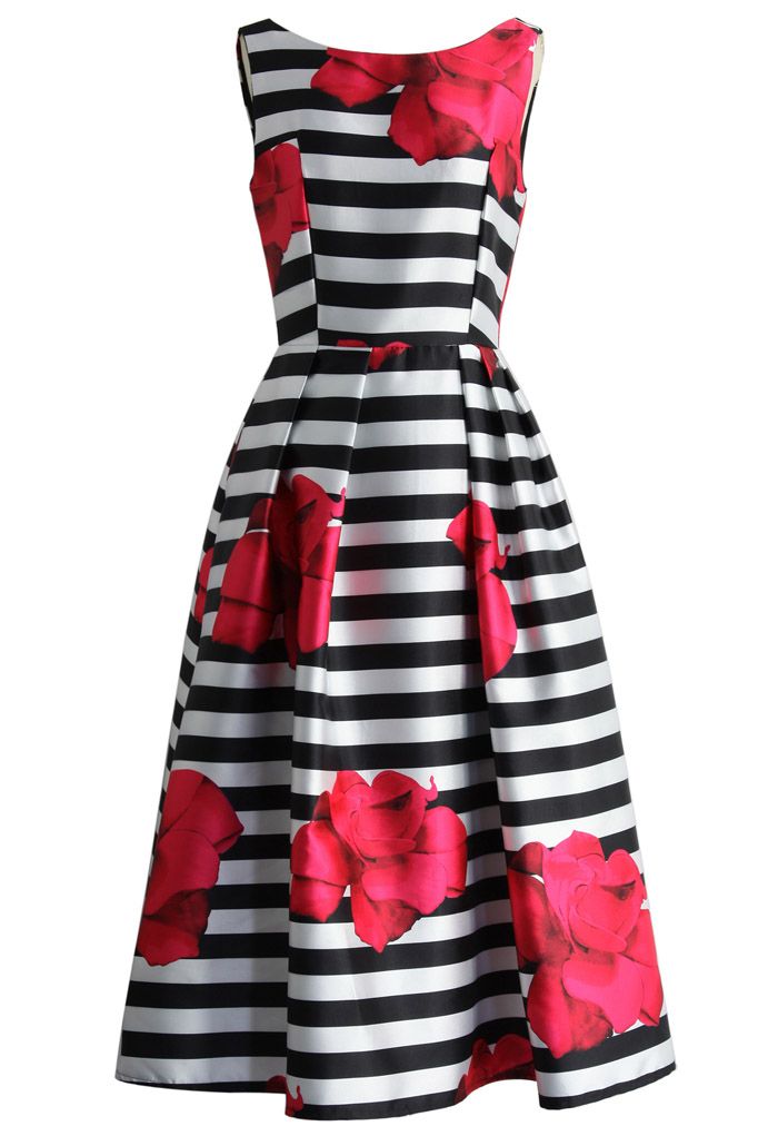 Flirty Roses Striped Prom Dress
