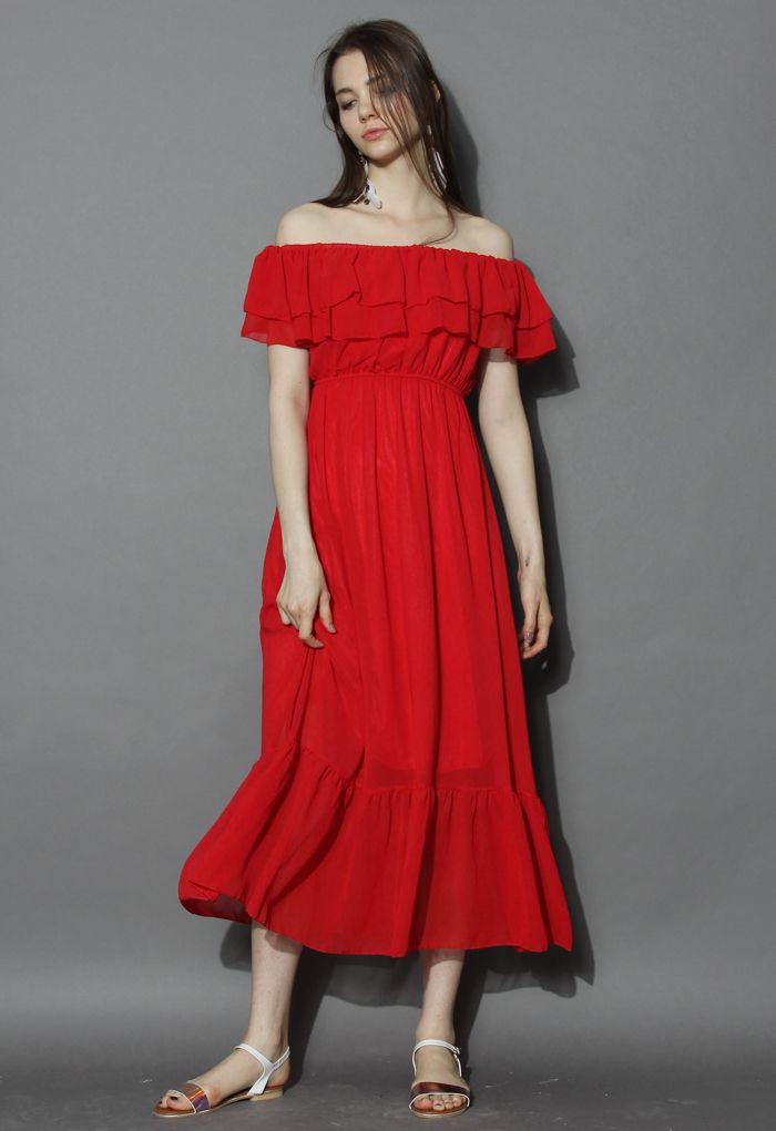 Blissful Frilling Off-shoulder Maxi Dress in Red