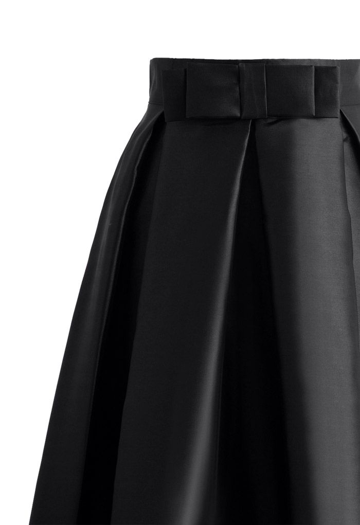 Bowknot Pleated Full Maxi Skirt in Black
