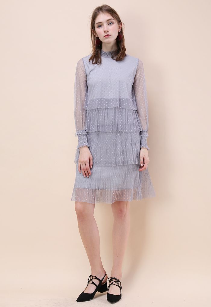 Luscious Polka Dots Mesh Tiered Dress in Grey