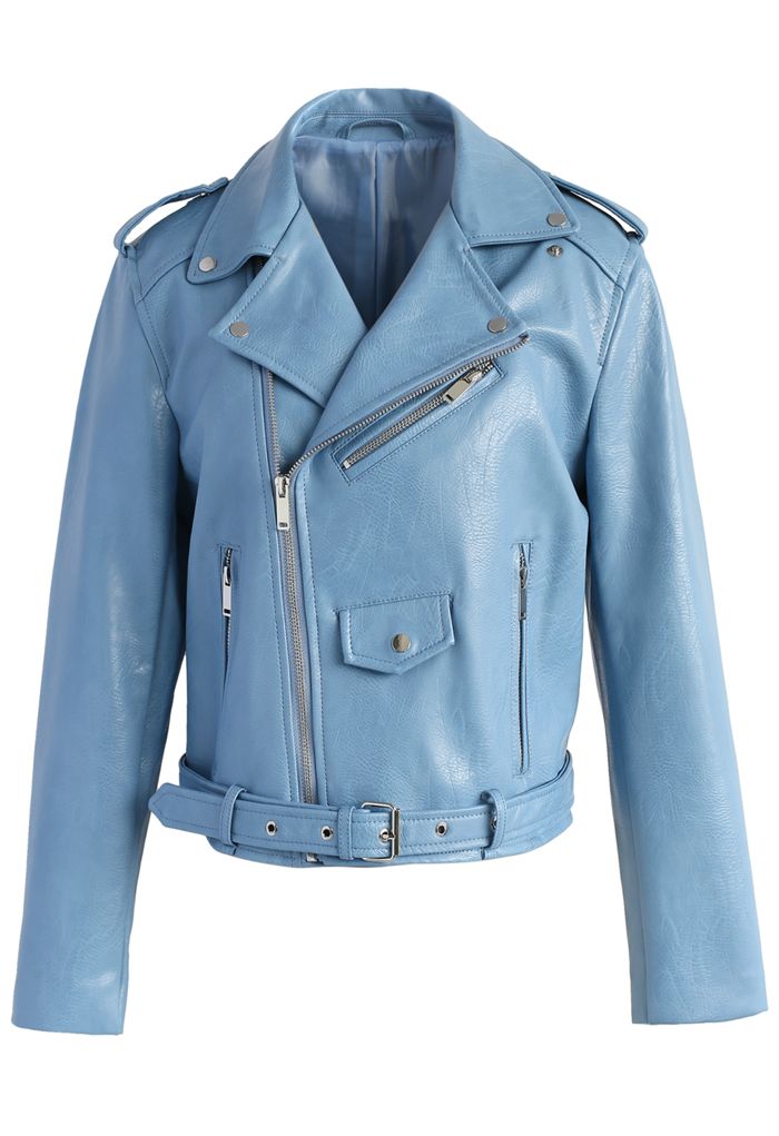 Undeniably Chic Faux Leather Biker Jacket in Blue 