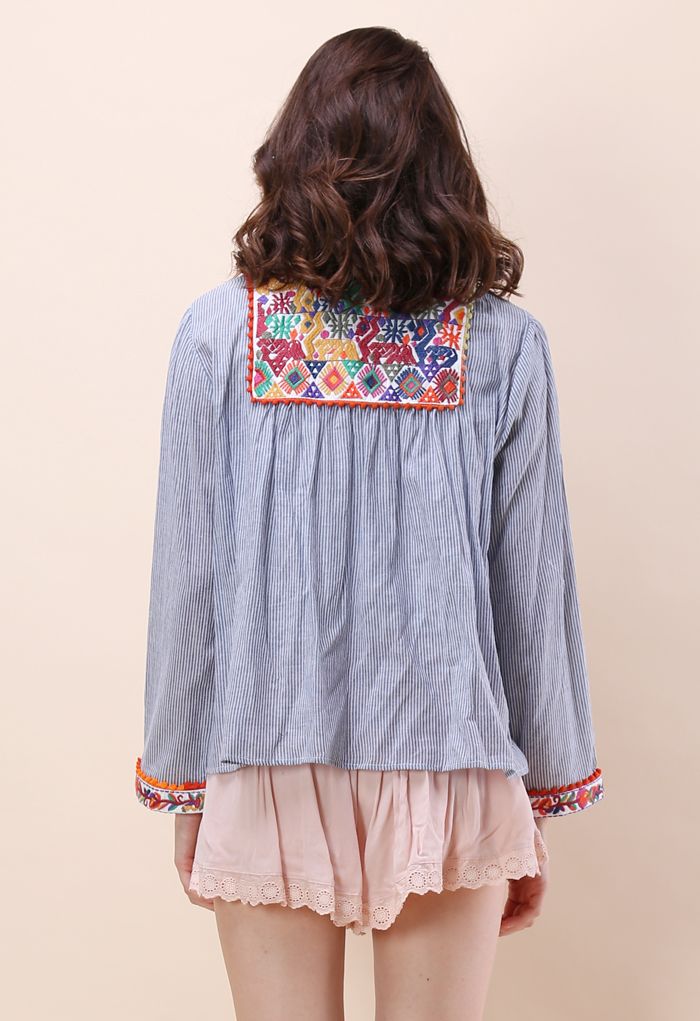 Folksy Color Embroidered Jacket with Pom Pom 
