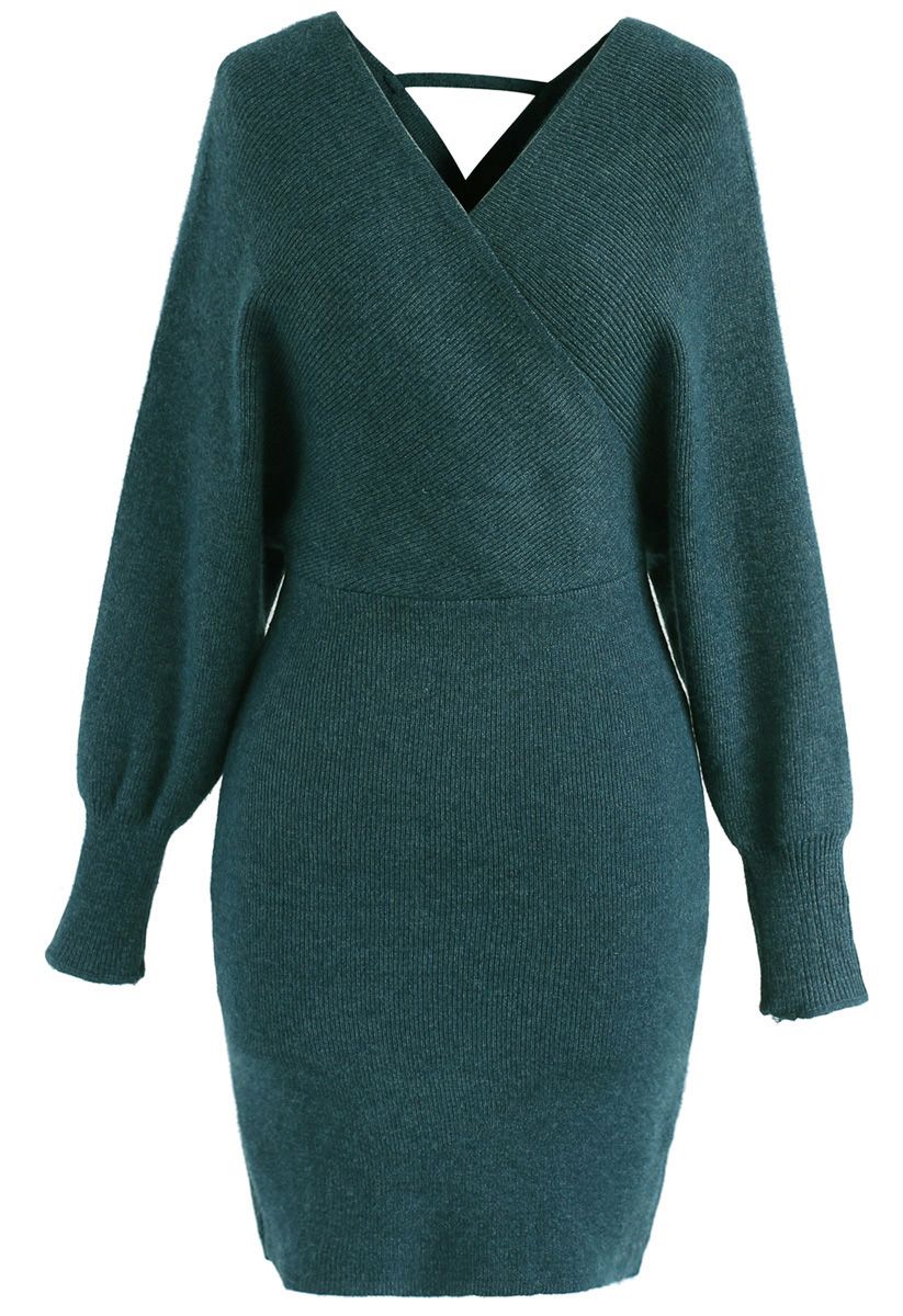 Modern Allure Wrapped Knit Dress in Turquoise