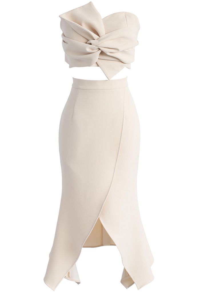 Sweet Knot Bustier Top and Flap Skirt Set in Beige