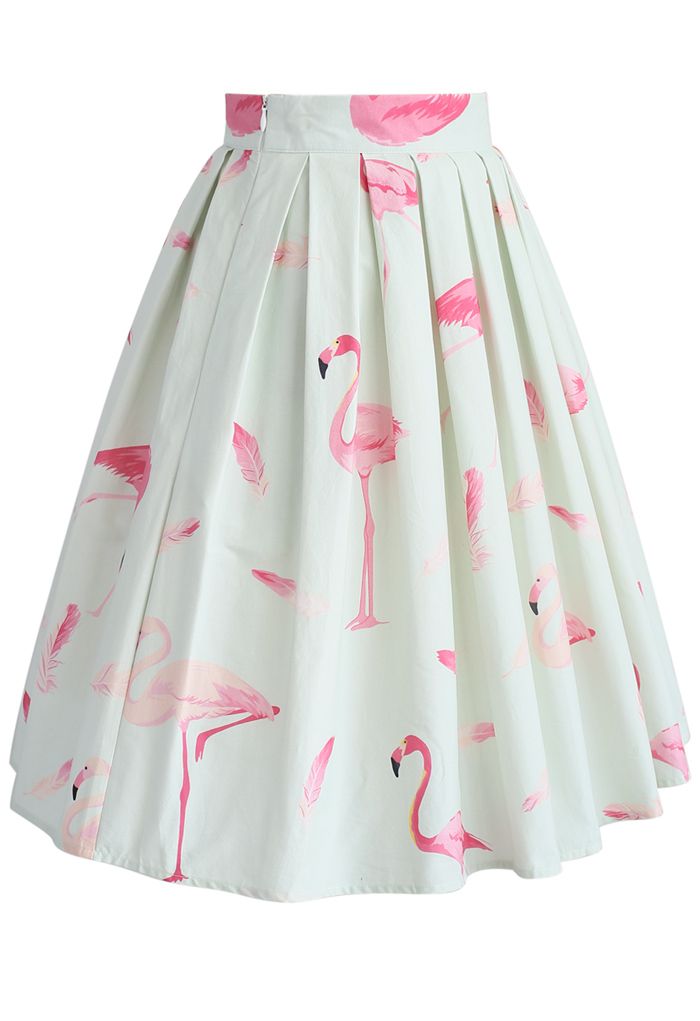 Refreshing Flamingo Pleated A-line Skirt in Mint  