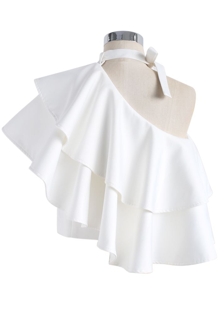 Ritzy One-shoulder Ruffled Crop Top in White