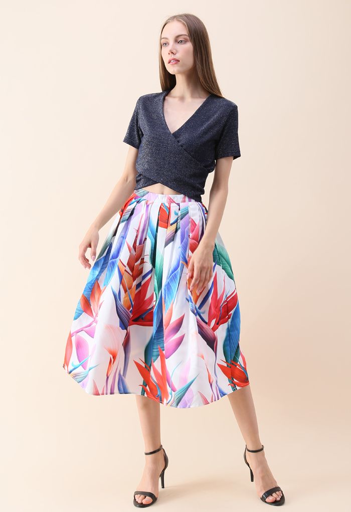 Florid Strelitzia Printed Midi Skirt