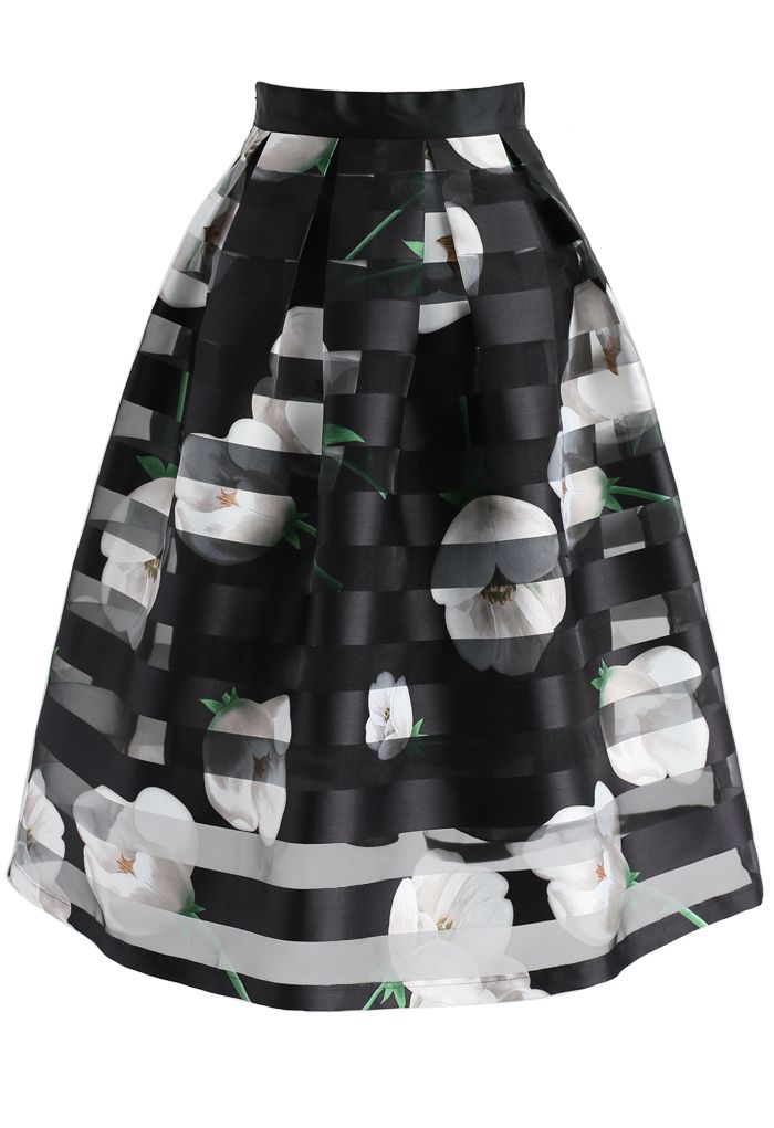 Rapture Stripe and Flower Organza Midi Skirt in Black 