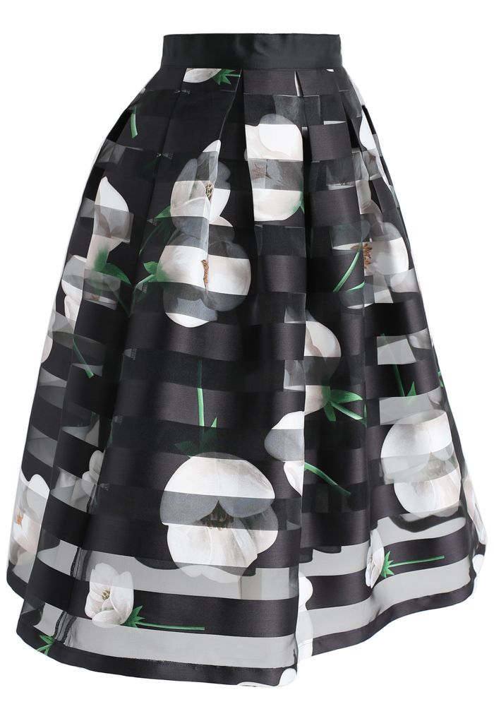 Rapture Stripe and Flower Organza Midi Skirt in Black 