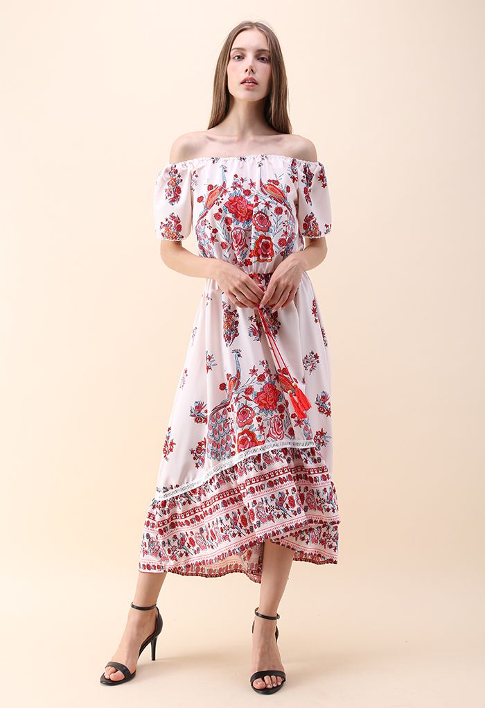 Flower and  Peacock Off-Shoulder Chiffon Dress