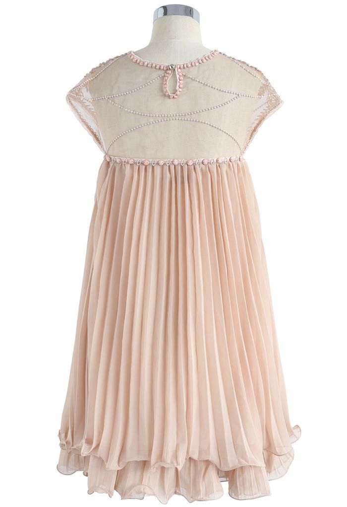 Beads Embellished Pleated Dolly Dress in Nude Pink
