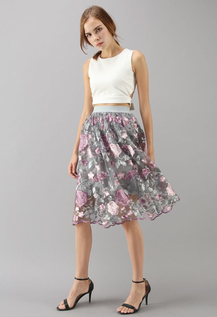 Showy Peony Embroidered Mesh Skirt in Grey