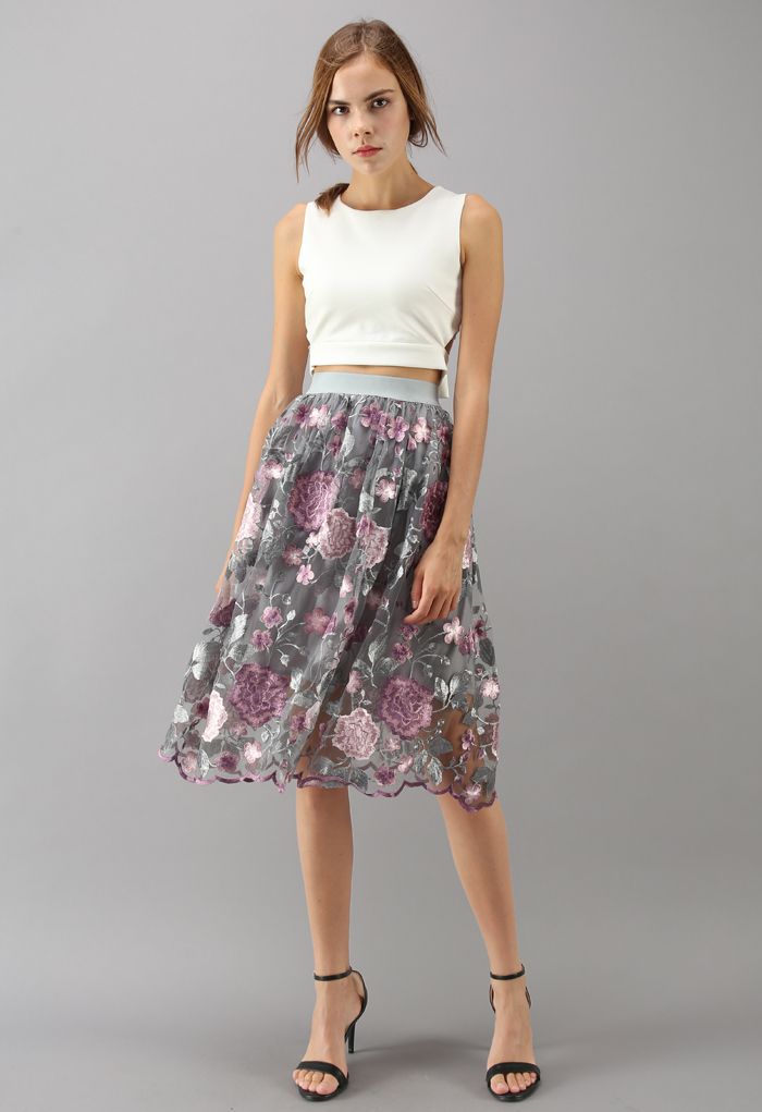 Showy Peony Embroidered Mesh Skirt in Grey