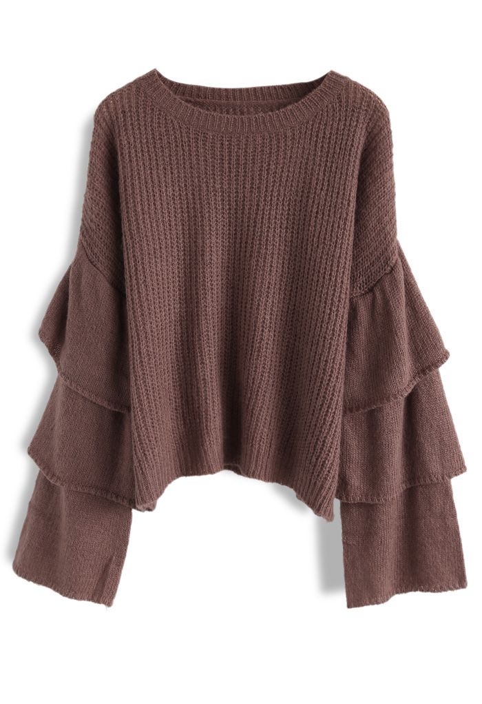 Dramatic Cuteness Knit Sweater with Tiered Bell Sleeves in Brown 