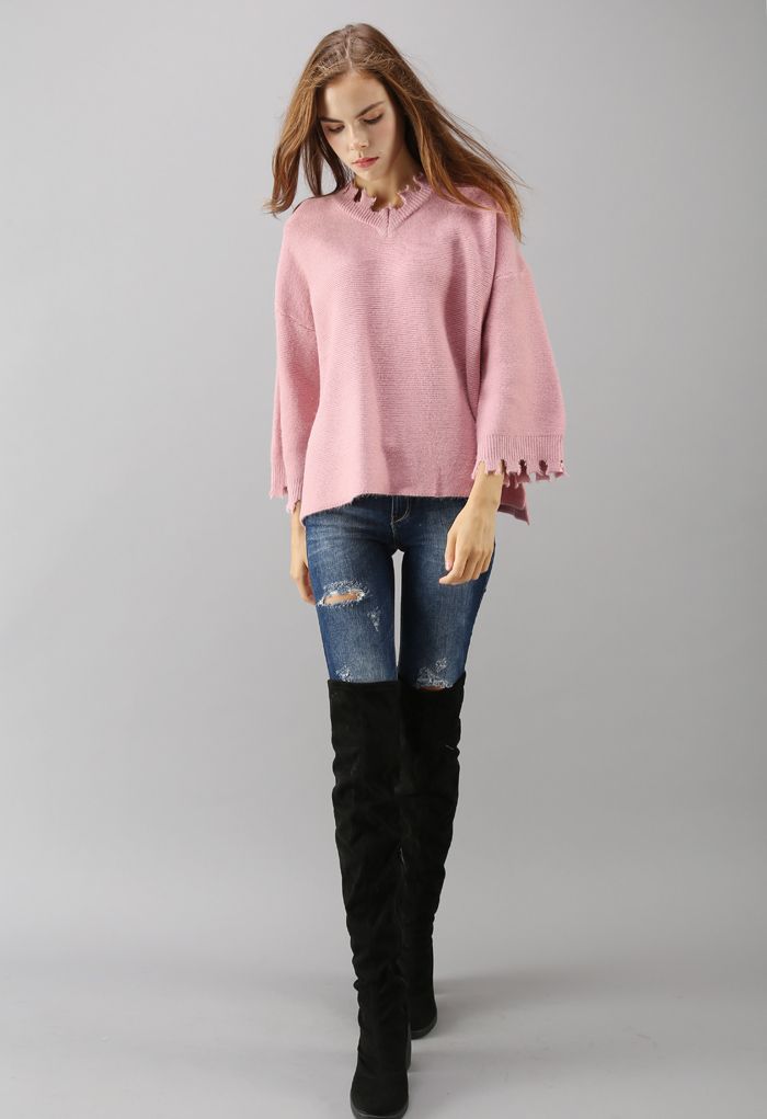 Free to Go Frayed Sweater in Pink