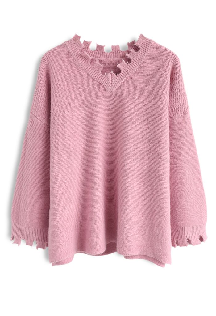 Free to Go Frayed Sweater in Pink