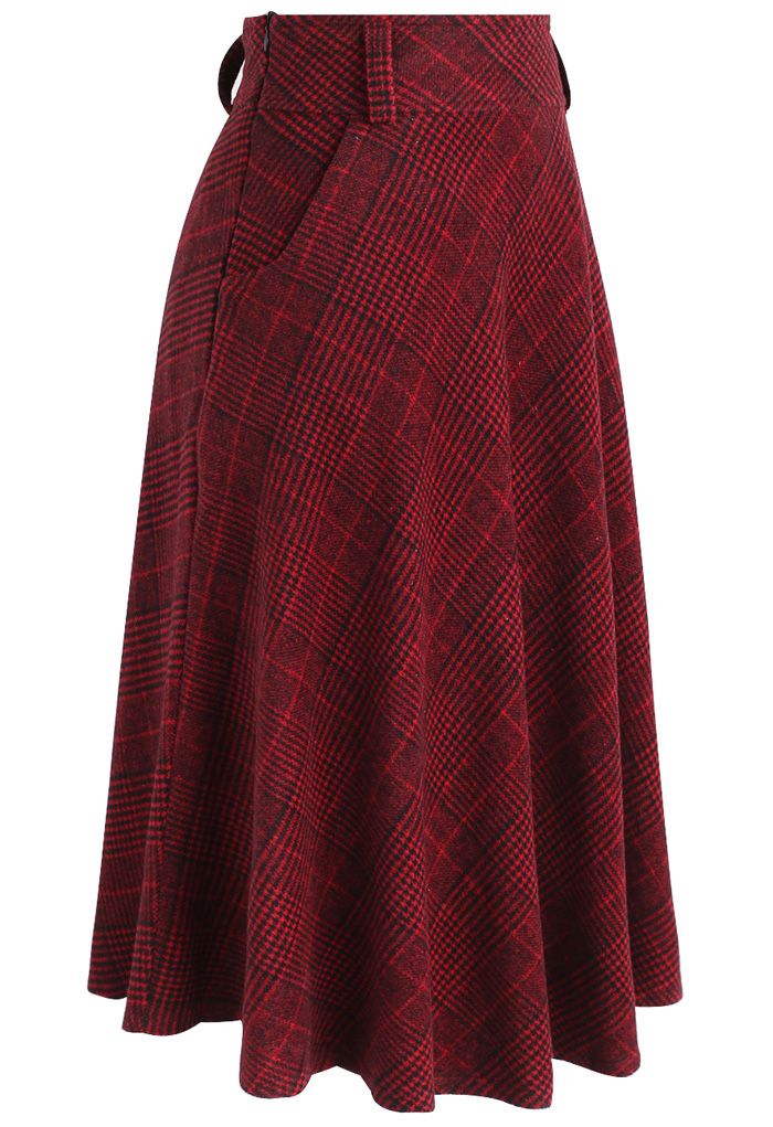 Houndstooth Check Wool-blend A-line Skirt in Red 