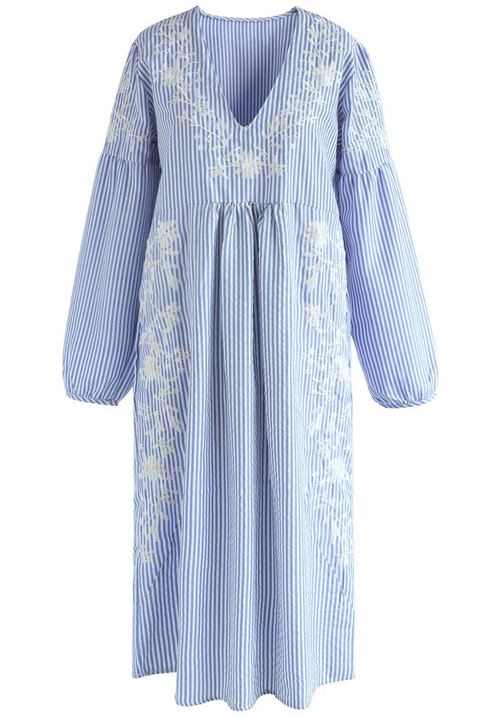 Wildflowers and Blue Stripe Embroidered Dress 